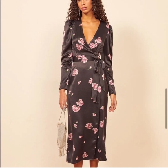 Reformation Silk Black Floral Toronto Midi Dress - Picture 3 of 13